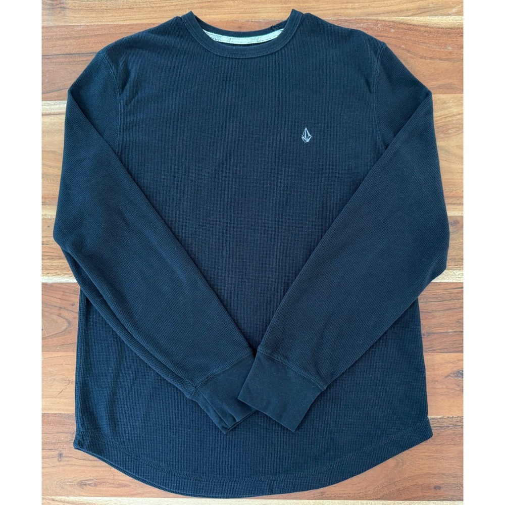 Volcom Mens XL Dark Heather Black Waffle Knit Thermal Long Sleeve Shirt Stone